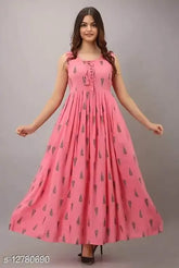 Demirner pink rayon sleeveless printed anarkali, vibrant Indian fashion on mannequin (S: 55", M: 55", L: 55", XXL: 55")
